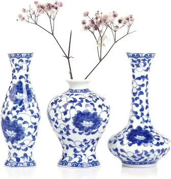 Сине-белая маленькая ваза для бутонов, набор из 3 миниатюрных вазочек для идеи оформления подоконника, полки и журнального столика