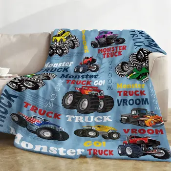 Синее одеяло Monster Truck с мультяшными машинками Фланелевые пледы на все сезоны для детей, мальчиков, кровать для бега, одеяло для дивана King Queen Size