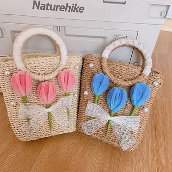Соломенная сумочка с кружевной аппликацией в виде милого тюльпана для девочек, летняя пляжная сумка для отдыха на море, детские модные сумки, маленькая сумка