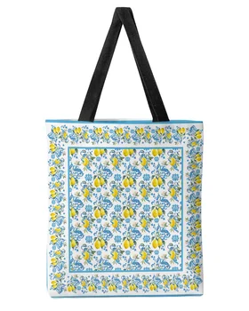 Средиземноморская холщовая сумка для покупок с цветком лимона Большой емкости для девочек, многоразовые Эко-сумки на плечо для студентов