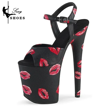 Туфли на высоком каблуке 20 см / 8 дюймов, черные босоножки для танцев на шесте с принтом в виде губ, модная женская обувь на платформе, босоножки с пряжками, женская обувь