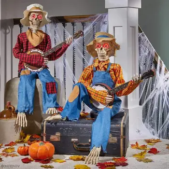 Украшение гитары со светящимся черепом на Хэллоуин, Анимированные скелеты Банджо, украшения для гитары с черепом, Страшный декор, Статуя черепа рок-певца.