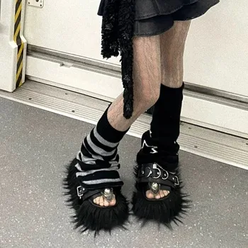 Уличные крутые тапочки в стиле панк с металлической пряжкой На платформе, усиленная уличная одежда, Плюшевые сандалии с открытым носком, Женская обувь Sandalias Mujer