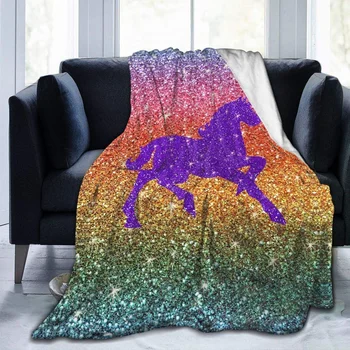 Фланелевое одеяло с радужным блеском, фиолетовые блестки, Единорог, Легкое Уютное Плюшевое одеяло для спальни, диван для кемпинга