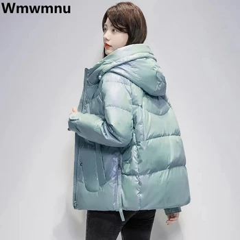Хлопковые парки с капюшоном, глянцевые зимние теплые куртки, Корейские модные короткие куртки Chaqueta, повседневные пальто со свободным воротником-стойкой.