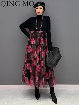ЦИН МО 2023, Весна-Осень, Новый Черный свитер с круглым вырезом, юбка с цветочным узором, Вязаное платье, Женская уличная одежда ZXF888