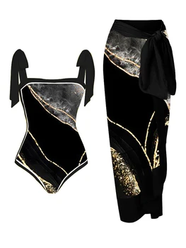 Черная мода 2023, Летний женский купальник новейшего дизайна, цельный купальник с ремешком, украшенный позолотой, и длинный чехол