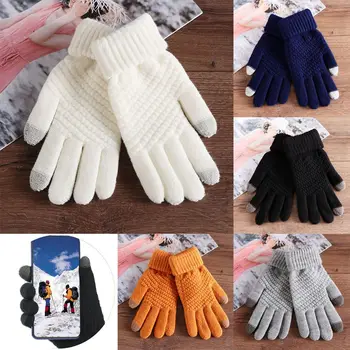 Шерстяные утепленные зимние теплые женские перчатки, вязаный шерстяной сенсорный экран на весь палец