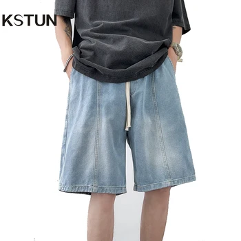 Шорты KSTUN, джинсы, мужские джинсовые шорты для мальчика, мужские летние шорты, светло-синие, черные, свободного кроя, широкие штанины, шнуровка длиной до колен