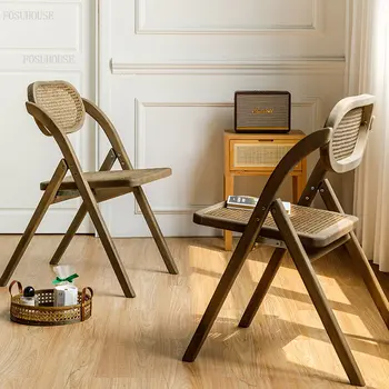 Японские обеденные стулья из массива дерева, ретро Старый Складной обеденный стул из ротанга, домашний балкон, кресло для отдыха со спинкой, современная кухонная мебель